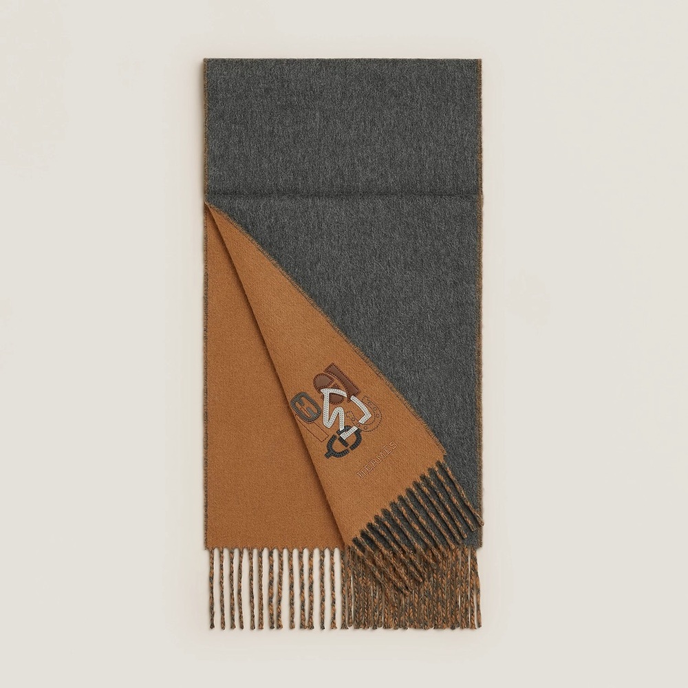 Hermès Muffler H PUZZLE 100% cashmere Camel / Flanelle Scarf